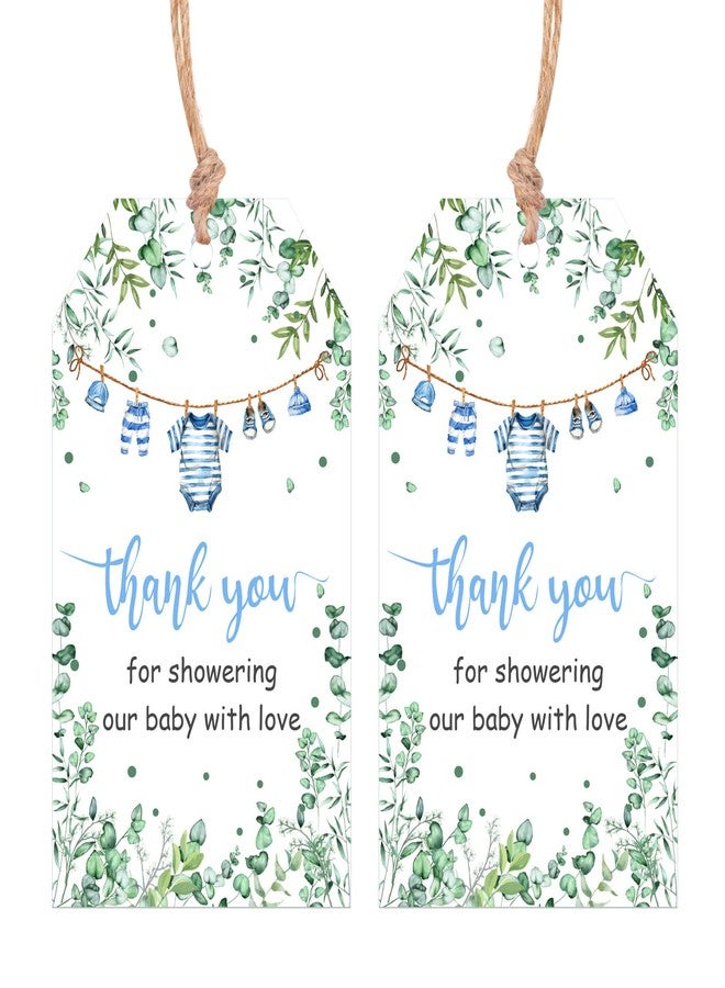 Serencatcher Baby Shower Thank You Tags Boy, 50pcs Greenery Blue Boy Clothes Thank You Tags with String Thank You for Showering Our Baby with Love Gift Tags for Baby Shower Party Favors - Image 1